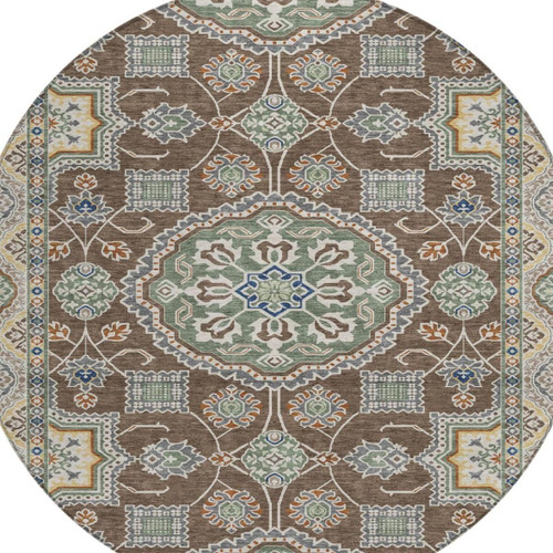 8' Chocolate And Brown Round Floral Medallion Washable Indoor Outdoor Area Rug