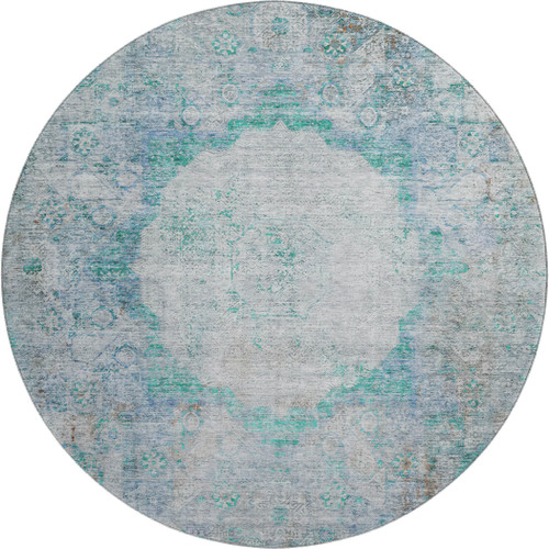 8' Teal And Gray Oriental Washable Round Rug With UV Protection