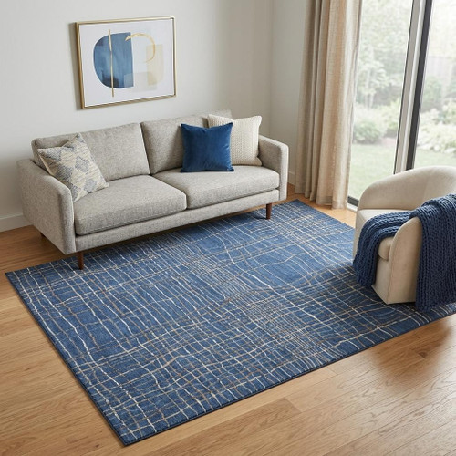 5' X 8' Navy Blue And Ivory Striped Washable Area Rug With UV Protection