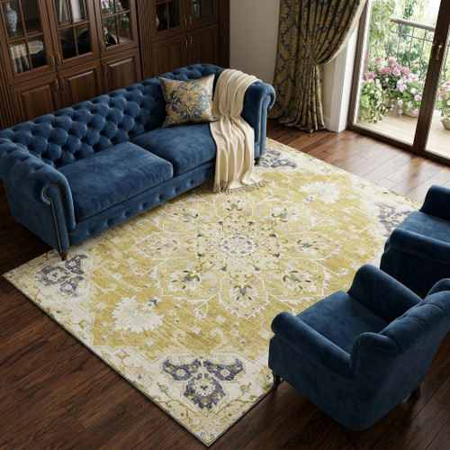 8' X 10' Gold Ivory And Blue Floral Medallion Distressed Washable Area Rug With UV Protection