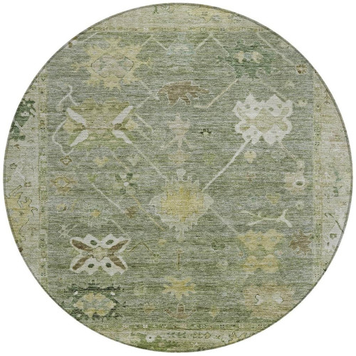 8' Sage And Beige Round Tribal Washable Indoor Outdoor Area Rug