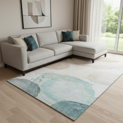 10' X 14' Beige Ivory And Teal Abstract Washable Area Rug With UV Protection