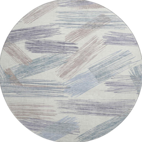 8' Ivory Blue And Taupe Striped Washable Round Rug With UV Protection