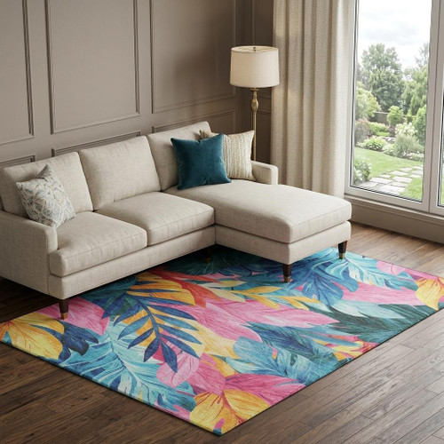 8' Sky Blue Pink And Gold Floral Washable Area Rug With UV Protection