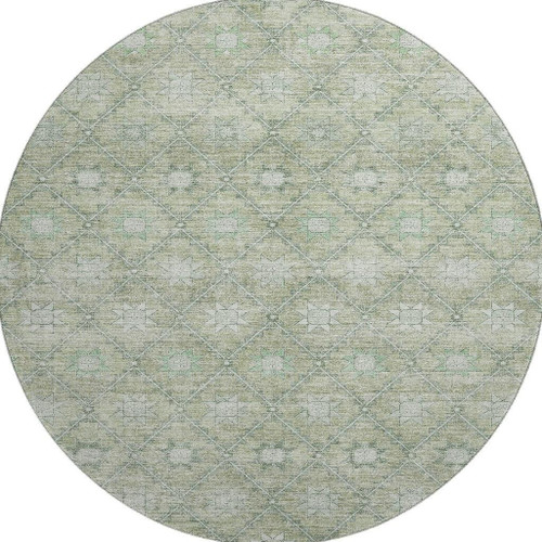 8' Artichoke Green And Beige Geometric Washable Round Rug With UV Protection