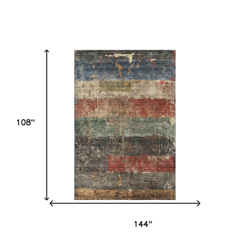 9' X 12' Fern Green Blue And Red Striped Washable Area Rug With UV Protection