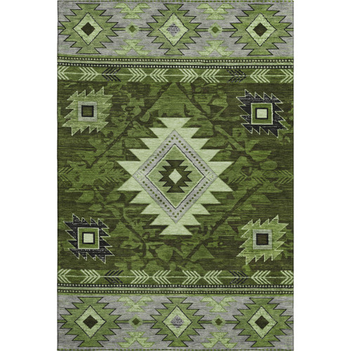 5' X 8' Olive Green Gray And Charcoal Geometric Washable Area Rug With UV Protection