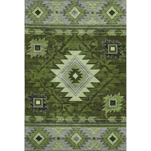 5' X 8' Olive Green Gray And Charcoal Geometric Washable Area Rug With UV Protection