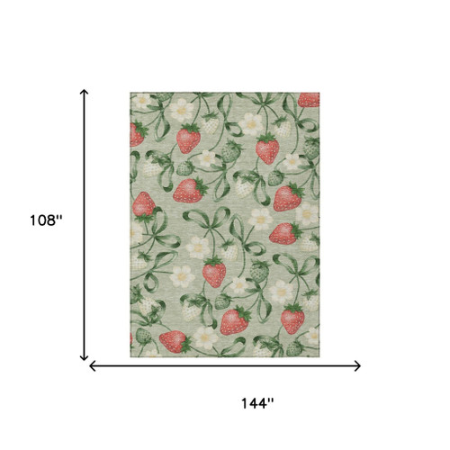9' X 12' Green And Red Floral Washable Indoor Outdoor Area Rug