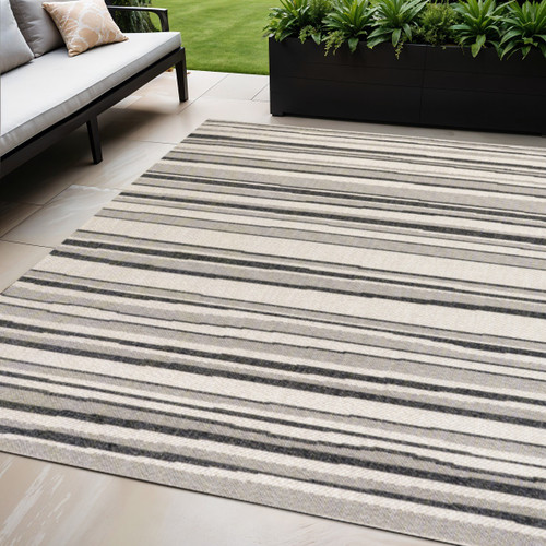 5' X 8' Cream And Dark Gray Striped Indoor Outdoor Area Rug