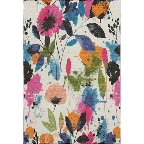 9' X 12' Ivory Blue Pink And Orange Floral Washable Area Rug With UV Protection