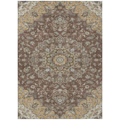 9' X 12' Chocolate And Copper Floral Medallion Washable Indoor Outdoor Area Rug