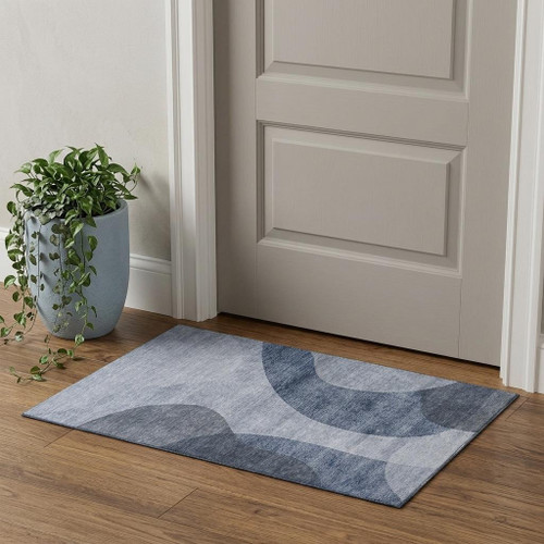 3' X 5' Blue And Ivory Geometric Washable Area Rug With UV Protection
