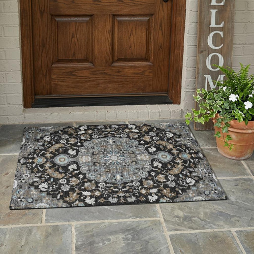 3' X 5' Black And Gray Floral Medallion Washable Indoor Outdoor Area Rug