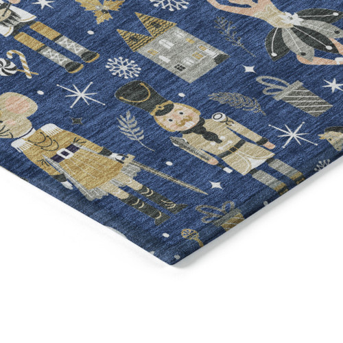 8' X 10' Navy Blue Gold Black And Gray Nutcracker Washable Indoor Outdoor Area Rug