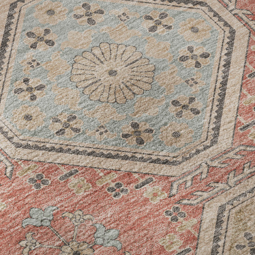 10' X 14' Salmon Beige And Gray Floral Washable Area Rug With UV Protection