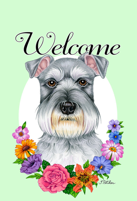 Schnauzer Grey Uncropped- Best of Breed Welcome Flowers Garden Flag 
