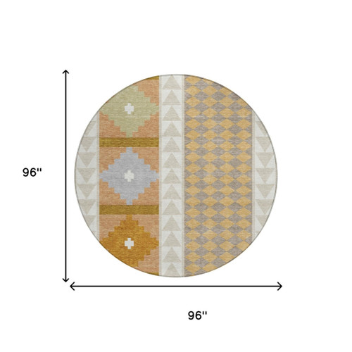 8' Beige And Orange Round Southwestern Washable Indoor Outdoor Area Rug