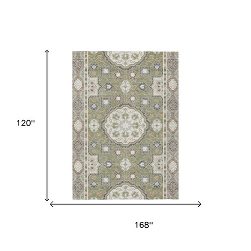10' X 14' Sage And Green Floral Medallion Washable Indoor Outdoor Area Rug