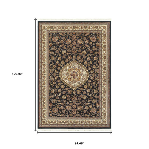 8' X 11' Ivory And Dark Blue Medallion Area Rug With Fringe