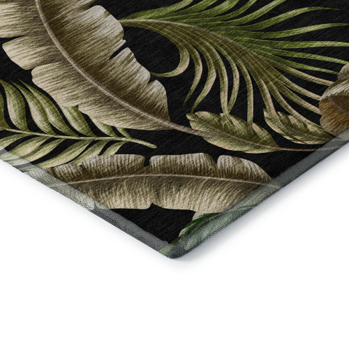 8' Midnight Green And Brown Geometric Washable Round Rug With UV Protection