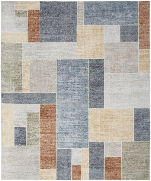 9' X 12' Blue Brown And Tan Geometric Area Rug