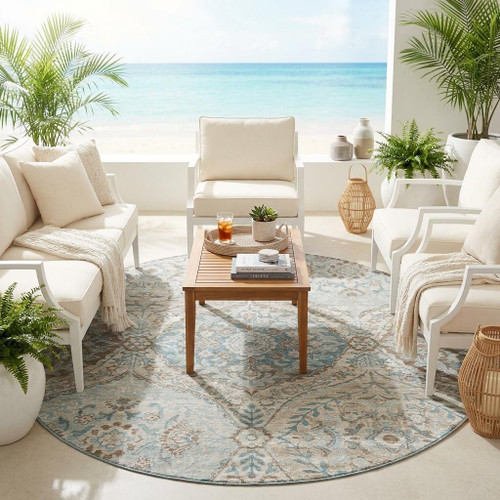 8' Ivory And Brown Round Ogee Washable Indoor Outdoor Area Rug