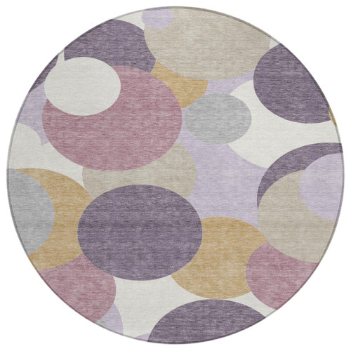 8' Plum And Purple Round Geometric Washable Indoor Outdoor Area Rug