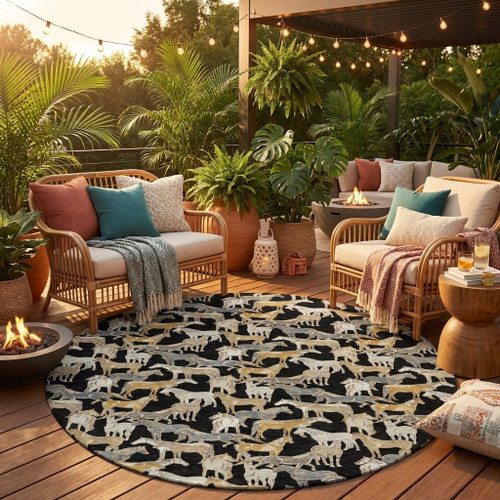 8' Black And Beige Round Horse Washable Indoor Outdoor Area Rug