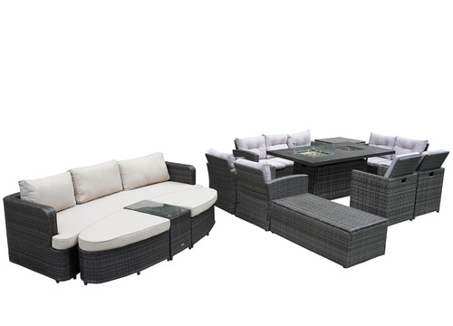 Ten Piece Gray Wicker Multiple Chairs Seating Group With Fire Pit And Table