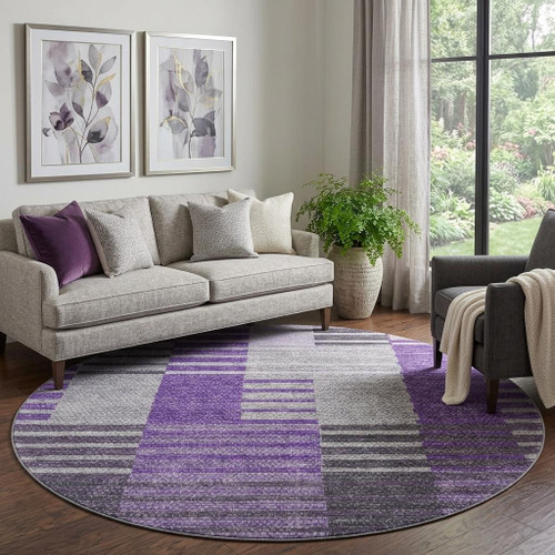 8' Purple Ivory And Gray Striped Washable Round Rug With UV Protection