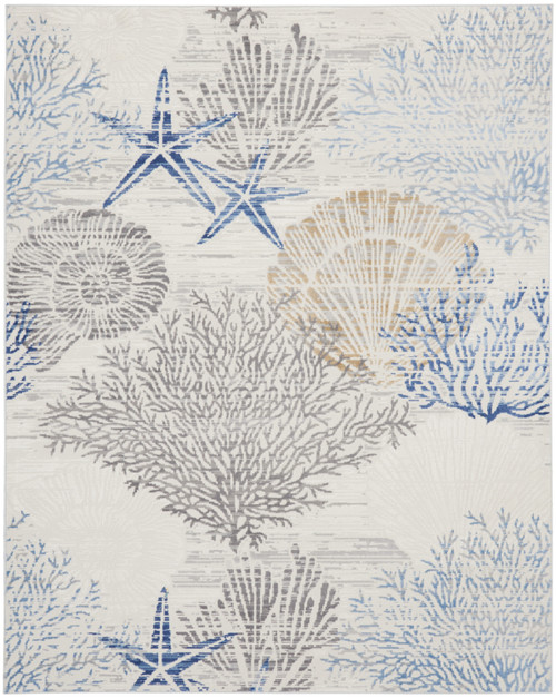 9' X 12' Ivory Blue And Gray Floral Non Skid Area Rug