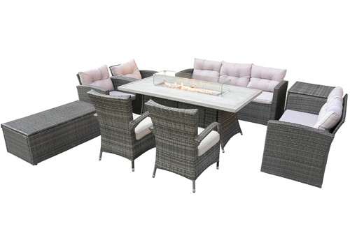 Nine Piece Gray Wicker Multiple Chairs Seating Group With Fire Pit And Table