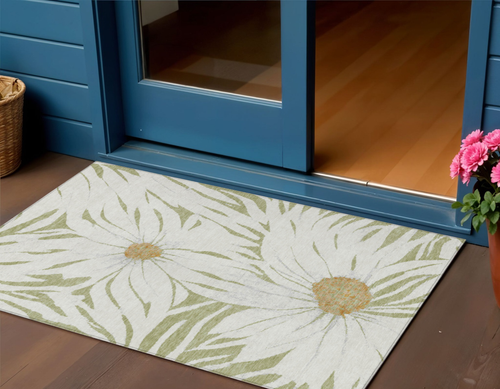 3' X 5' Artichoke Green Ivory And Gold Floral Washable Indoor Outdoor Area Rug