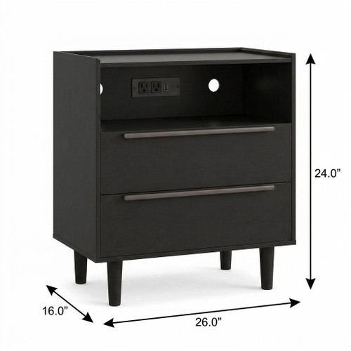 26" Black Wood Two Drawer Nightstand with USB Port and Integrated Tech