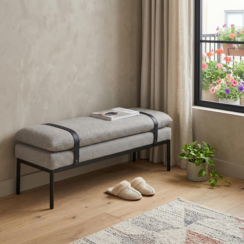 48" Gray and Black Fabric Upholstered Bench
