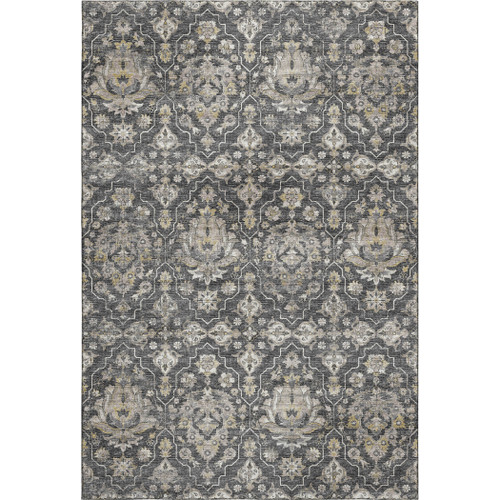 10' X 14' Graphite Ivory And Gold Floral Medallion Distressed Washable Area Rug With UV Protection