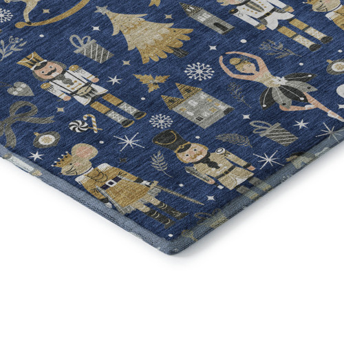 5' X 8' Navy Blue Gold And Gray Floral Washable Area Rug With UV Protection