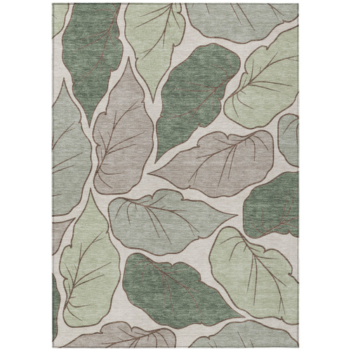 3' X 5' Fern Green And Ivory Botanical Leaves Washable Indoor Outdoor Area Rug