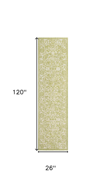 10' Green And Cream Medallion Indoor Outdoor Runner Rug