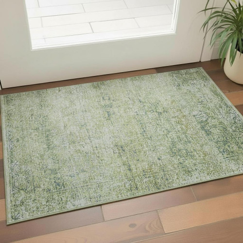 3' X 5' Sage And Olive Green Abstract Washable Area Rug With UV Protection