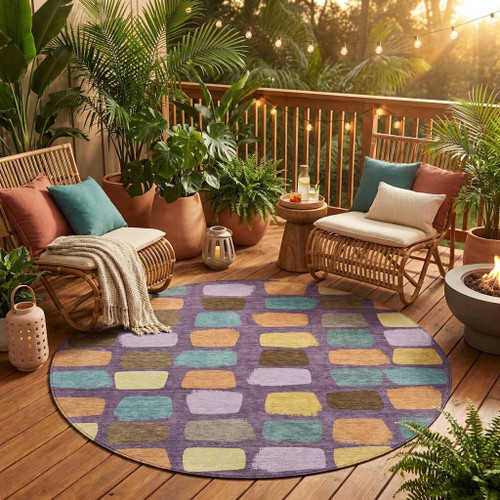 8' Purple And Plum Round Geometric Washable Indoor Outdoor Area Rug
