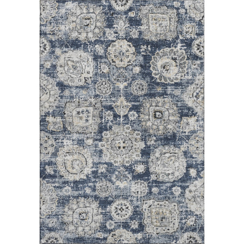 5' X 8' Navy Blue And Ivory Floral Washable Area Rug With UV Protection