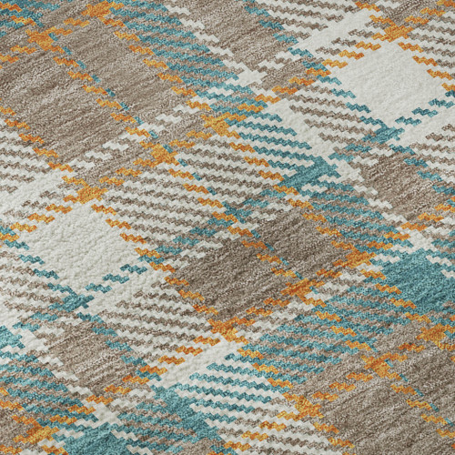 3' X 5' Taupe Ivory And Teal Plaid Washable Area Rug With UV Protection