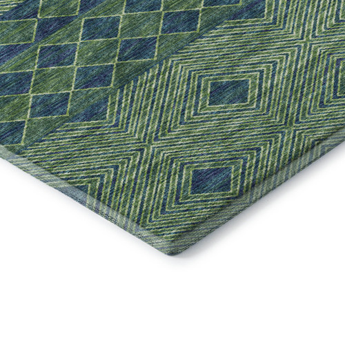 8' Green And Navy Blue Geometric Washable Round Rug With UV Protection