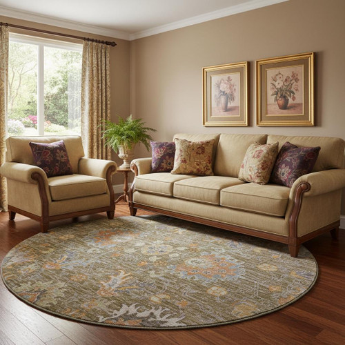 8' Brown And Lavender Oriental Washable Round Rug With UV Protection