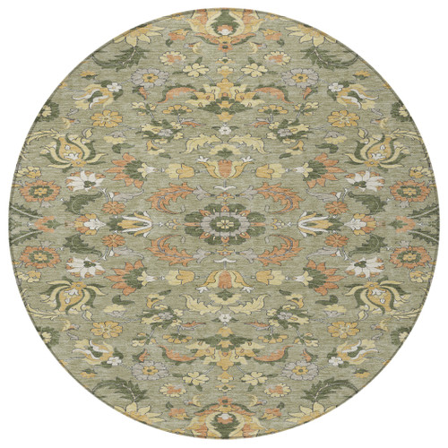 8' Sage And Olive Green Round Floral Medallion Washable Indoor Outdoor Area Rug