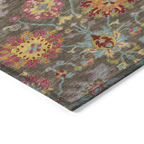 8' Chocolate Gold And Pink Round Damask Washable Indoor Outdoor Area Rug