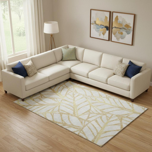 8' X 10' Gold And Beige Floral Washable Area Rug With UV Protection