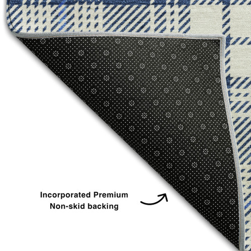 10' X 14' Navy Blue And Ivory Plaid Washable Area Rug With UV Protection